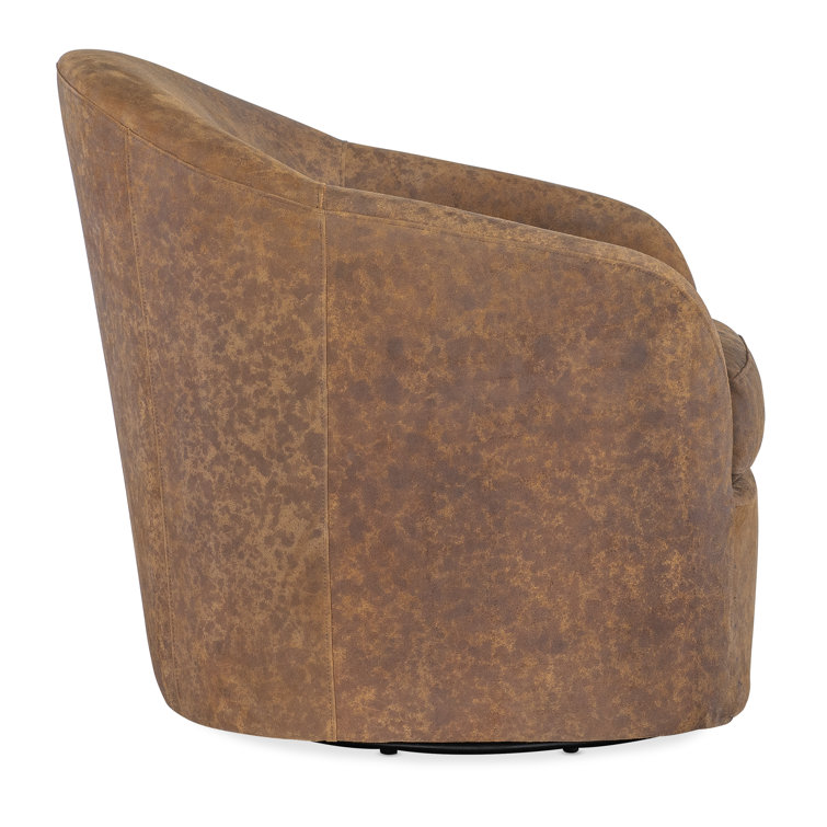 Brown Leather Barrel Swivel Chair with Manufactured Wood