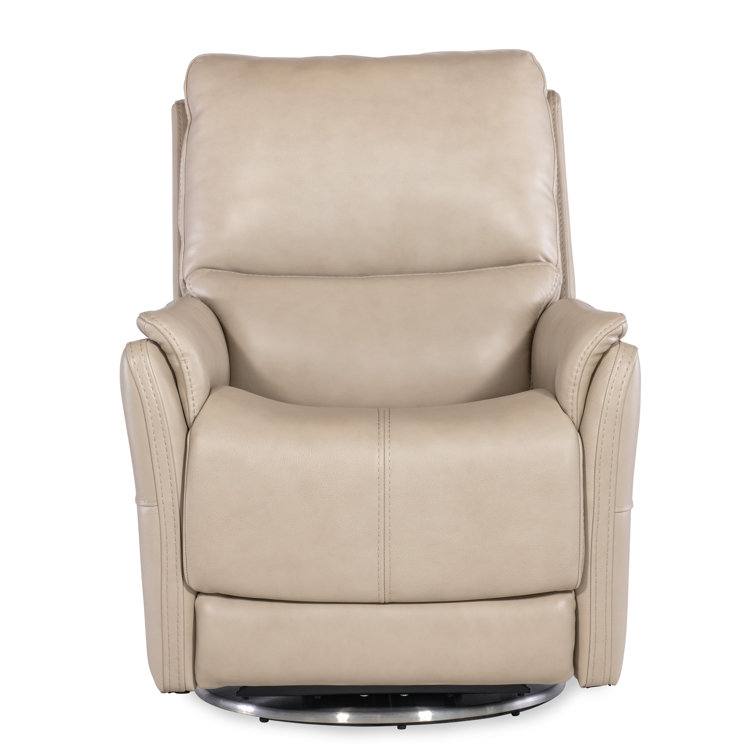 Beige Leather Swivel Recliner with Silver Base