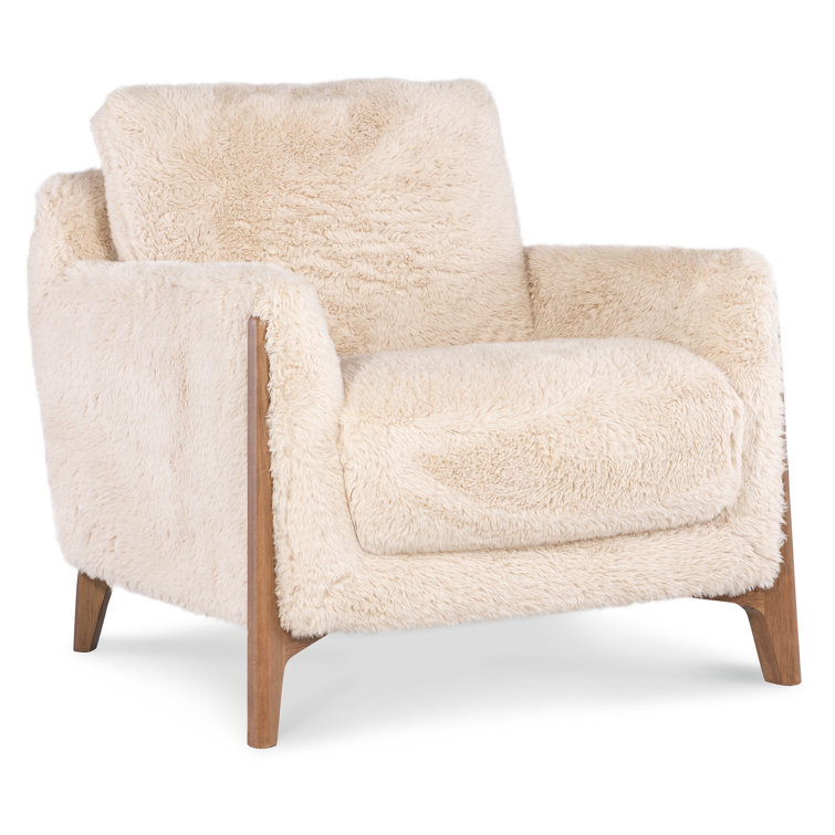 Beige Faux Fur and Wood Accent Chair