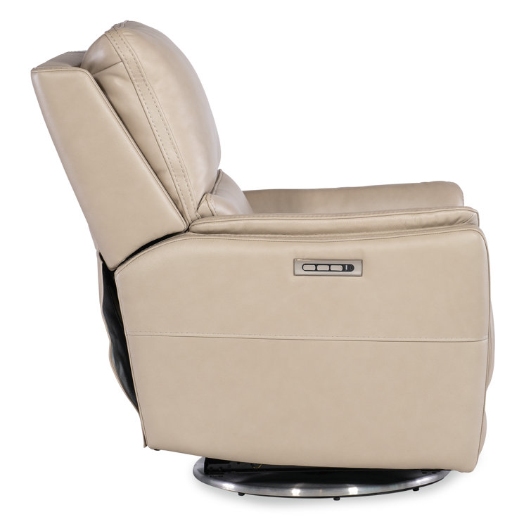 Beige Leather Swivel Recliner with Silver Base