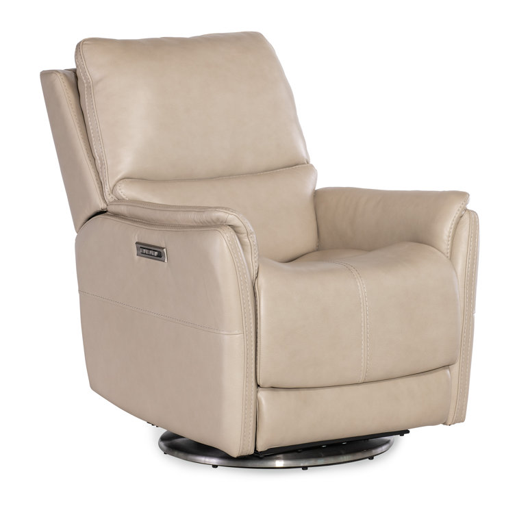 Beige Leather Swivel Recliner with Silver Base
