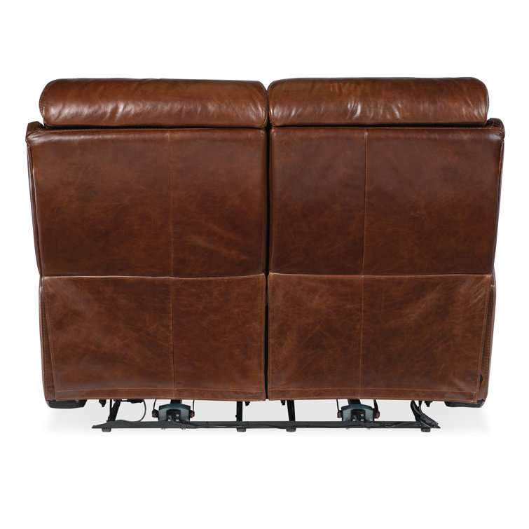 Carrington Walnut Leather Reclining Loveseat with Black Metal Base