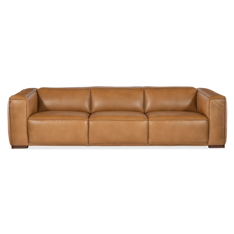 Zen Caramel Leather Reclining Sofa with Track Arms