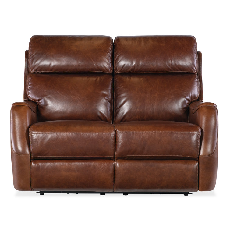 Carrington Walnut Leather Reclining Loveseat with Black Metal Base