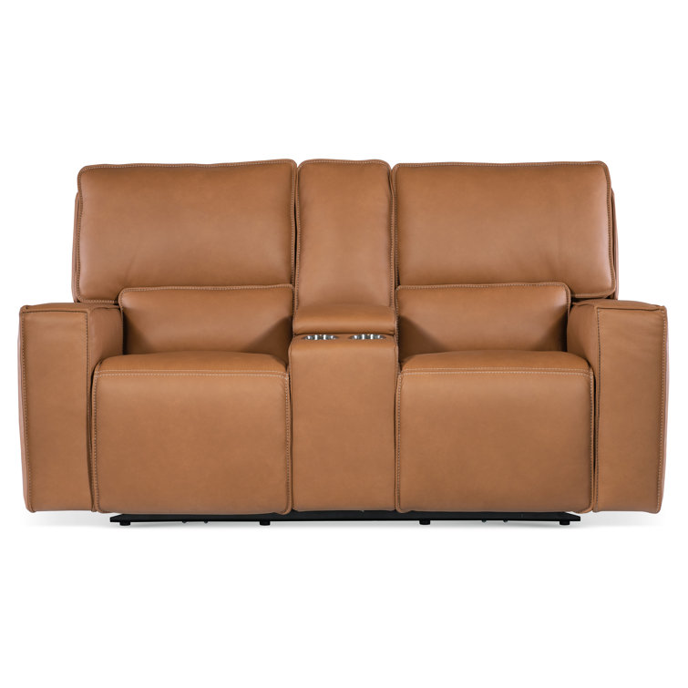 Oslo Antelope Brown Leather Reclining Loveseat with Cup Holders