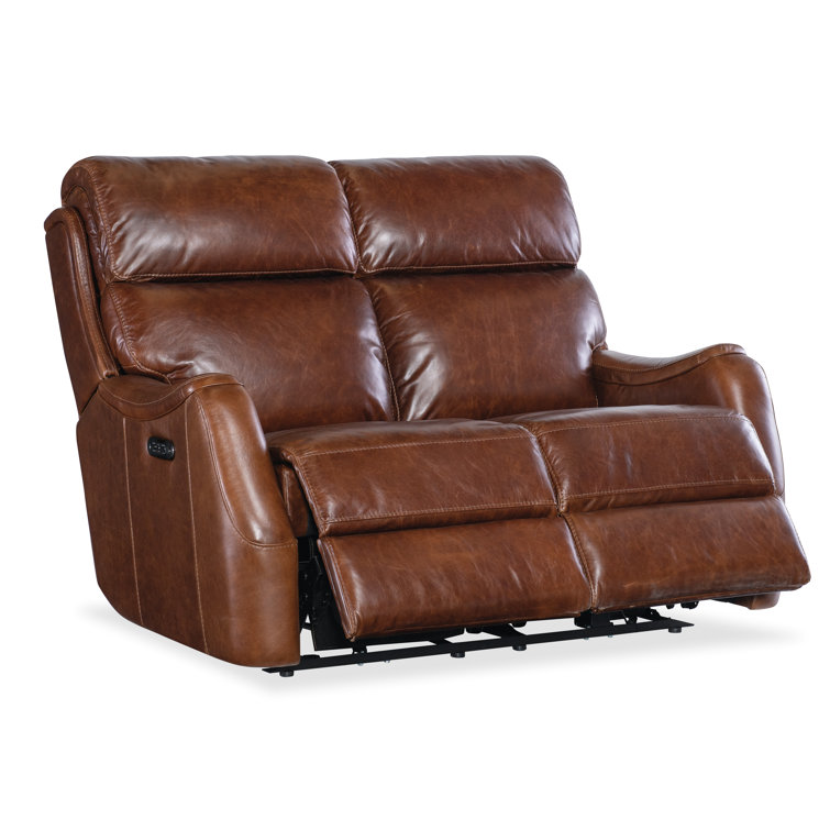 Carrington Walnut Leather Reclining Loveseat with Black Metal Base