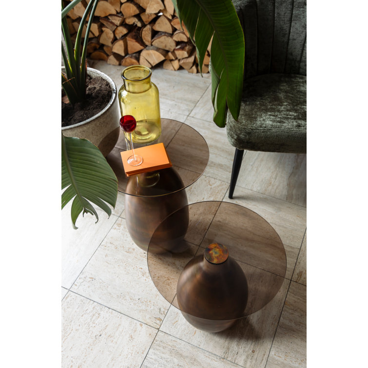 Bronze Finish Iron and Smoked Glass Side Table Set