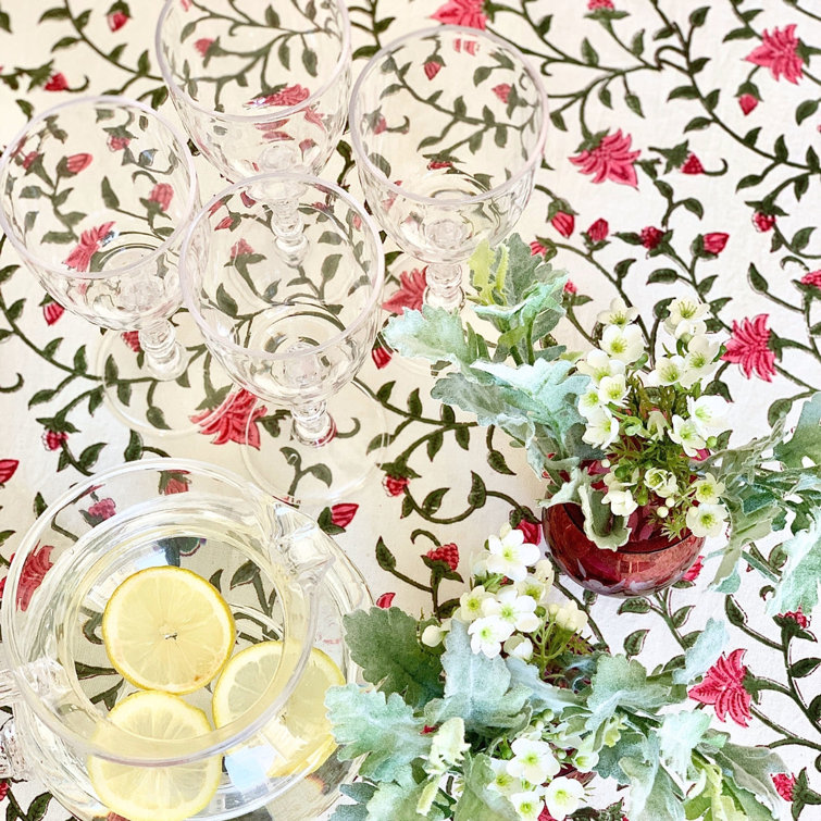 Pink and Green Floral Cotton Round Tablecloth, 70 Inches