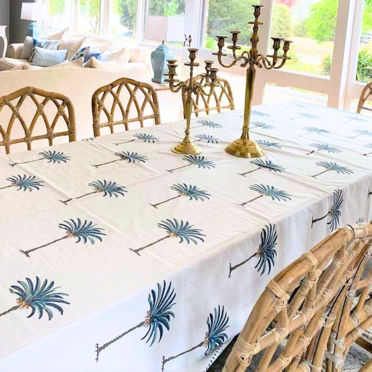 Blue Palm Tree Coastal Cotton Tablecloth, 135" x 72"
