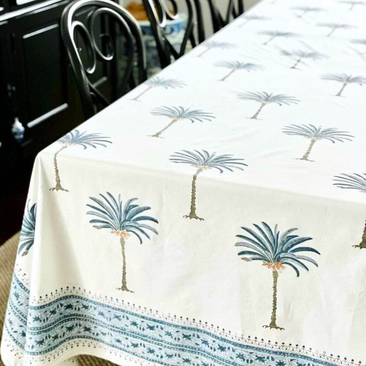 Blue Palm Tree Coastal Cotton Tablecloth, 135" x 72"