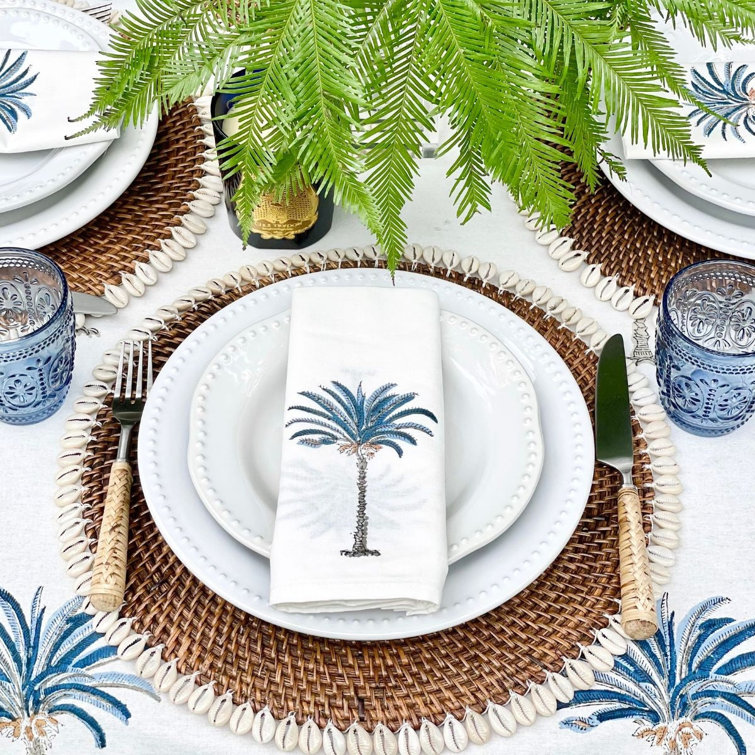 Blue Palm Tree Coastal Cotton Tablecloth, 135" x 72"