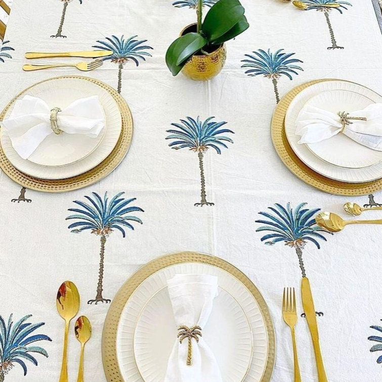Blue Palm Tree Coastal Cotton Tablecloth, 135" x 72"