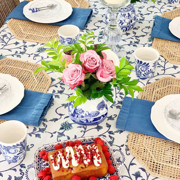 Blue and Green Ivy Hand Block Printed Cotton Round Tablecloth, 90 Inches
