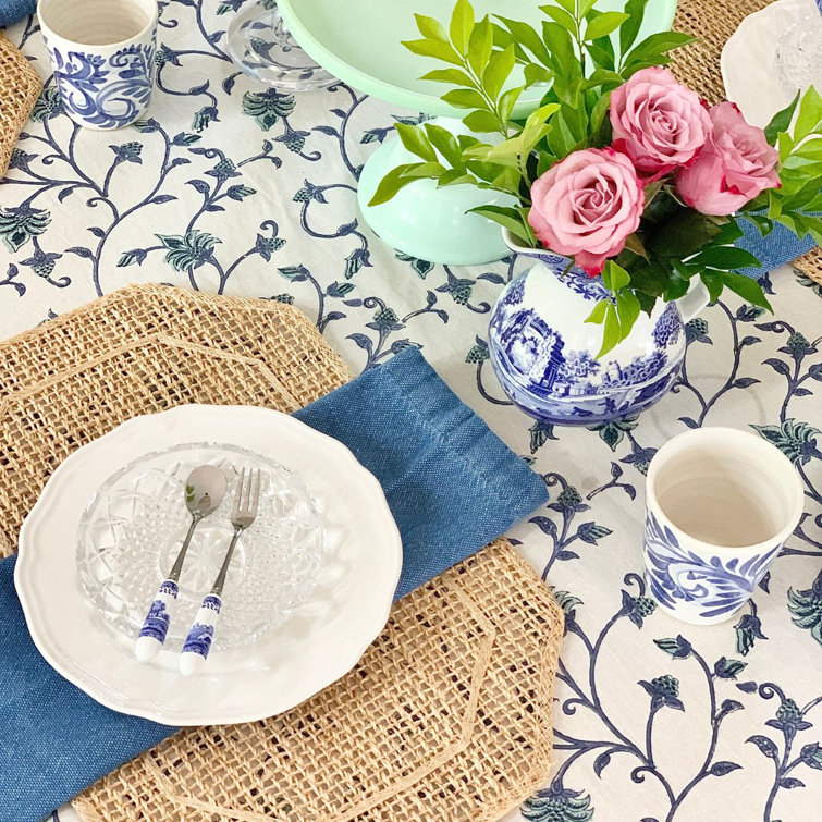 Blue and Green Ivy Hand Block Printed Cotton Round Tablecloth, 90 Inches