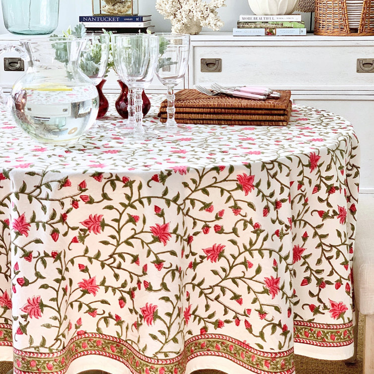 Pink and Green Floral Cotton Round Tablecloth, 70 Inches