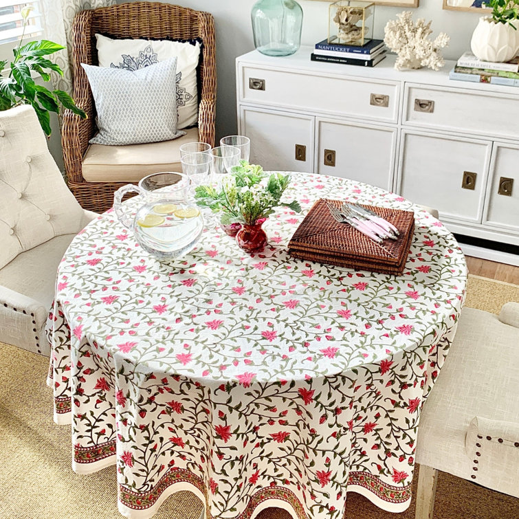 Pink and Green Floral Cotton Round Tablecloth, 70 Inches