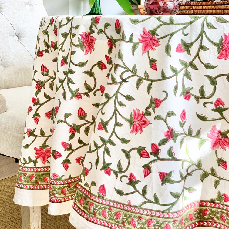 Pink and Green Floral Cotton Round Tablecloth, 70 Inches
