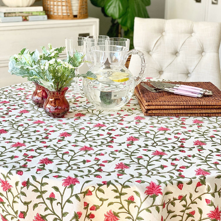Pink and Green Floral Cotton Round Tablecloth, 70 Inches