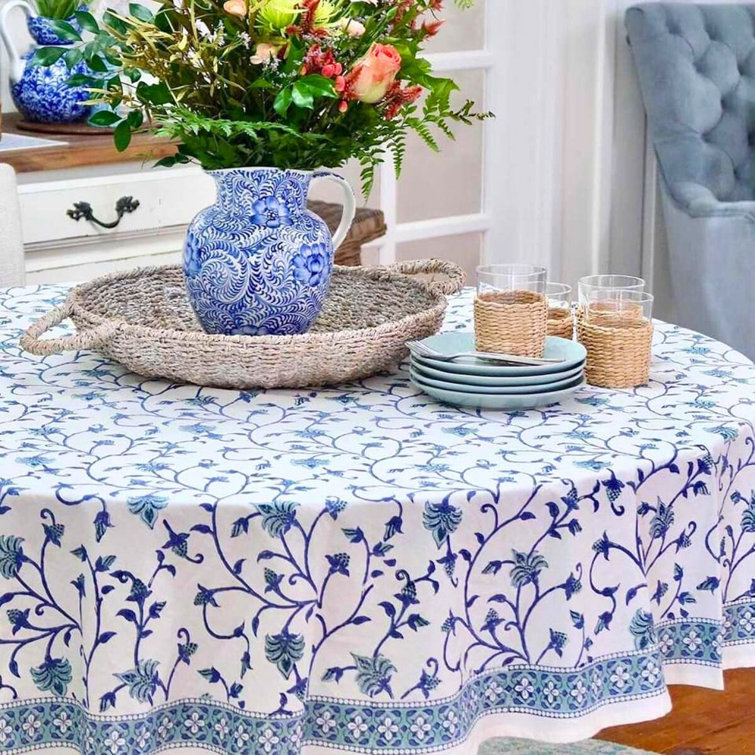 Blue and Green Ivy Hand Block Printed Cotton Round Tablecloth, 90 Inches