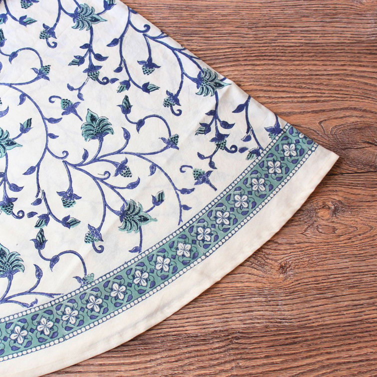 Blue and Green Ivy Hand Block Printed Cotton Round Tablecloth, 90 Inches