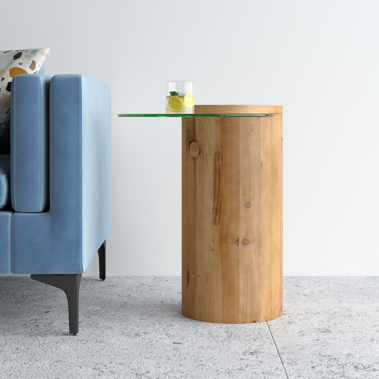 Round Natural Wood and Glass End Table