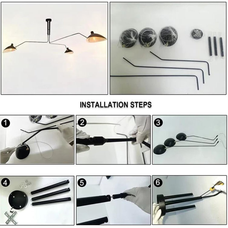 Black Metal 3-Light Adjustable Mid-Century Modern Chandelier