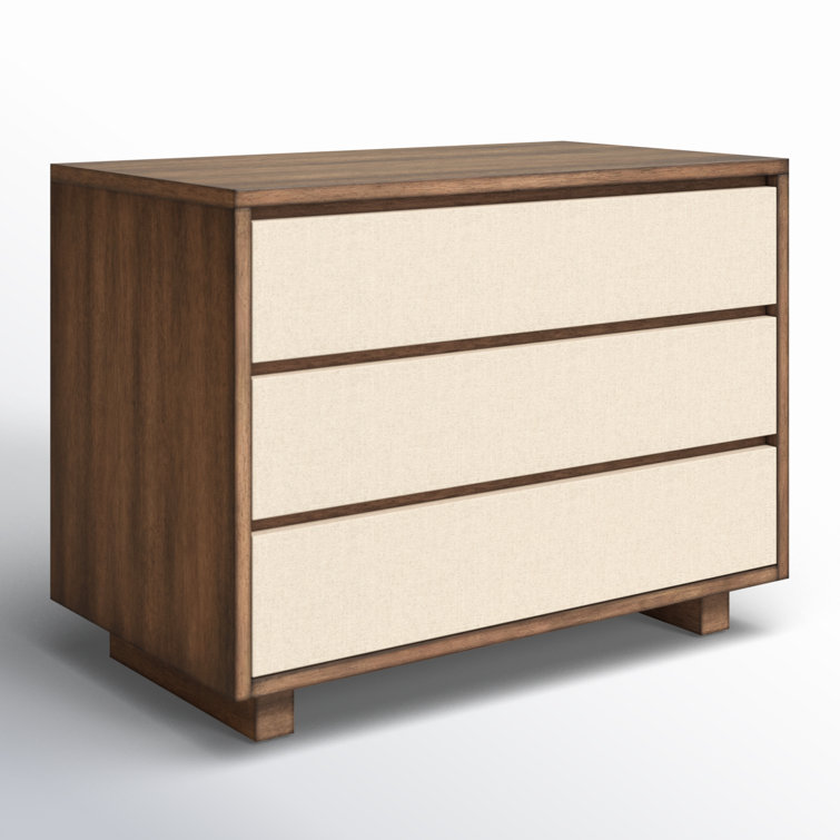 Beige Linen and Mahogany 3-Drawer Nightstand