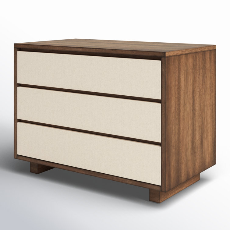 Beige Linen and Mahogany 3-Drawer Nightstand