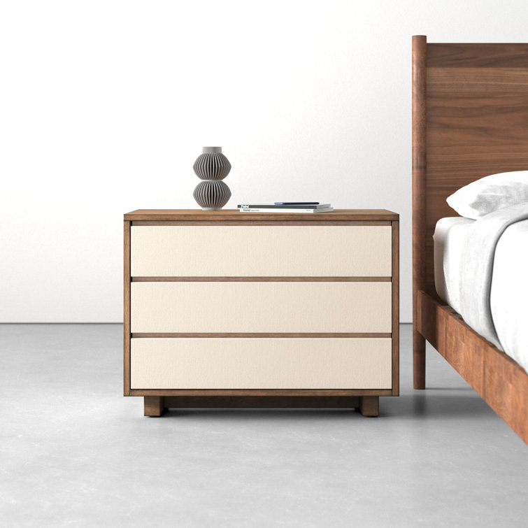Beige Linen and Mahogany 3-Drawer Nightstand