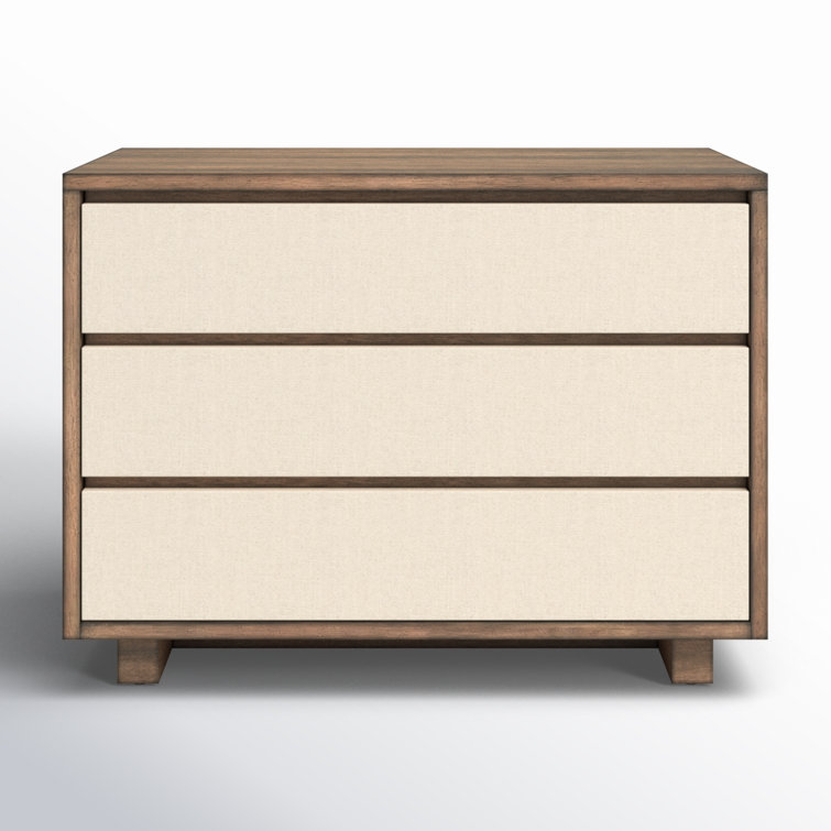Beige Linen and Mahogany 3-Drawer Nightstand