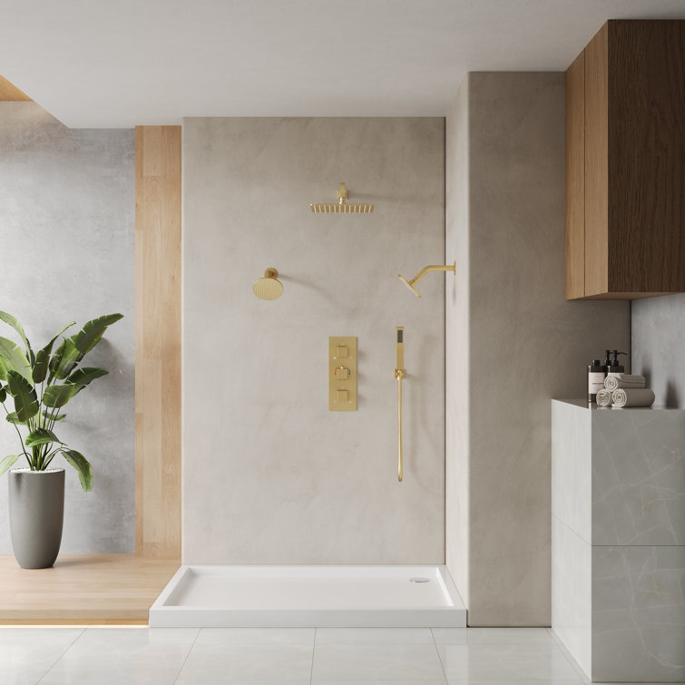 Gold Thermostatic 12" Triple Showerhead System with Handheld