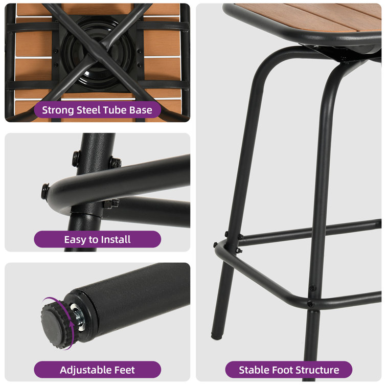 24'' Black and Brown Metal Outdoor Swivel Bar Stools with Plastic Seat