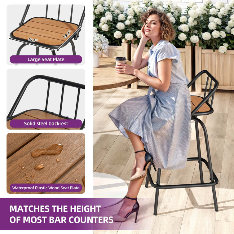 24'' Black and Brown Metal Outdoor Swivel Bar Stools with Plastic Seat
