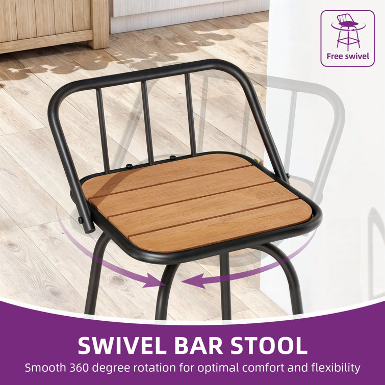 24'' Black and Brown Metal Outdoor Swivel Bar Stools with Plastic Seat