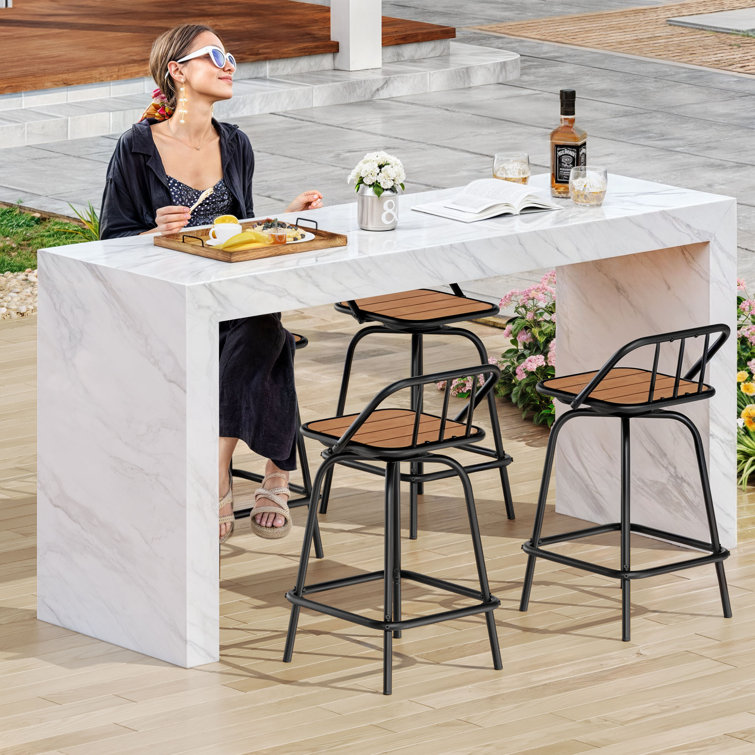 24'' Black and Brown Metal Outdoor Swivel Bar Stools with Plastic Seat