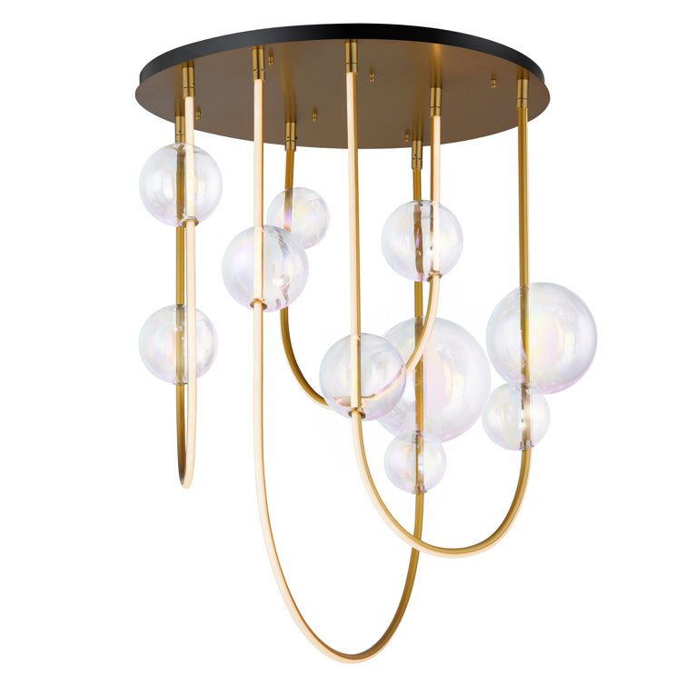 Natural Aged Brass LED Pendant Light with Iridescent Glass Shades