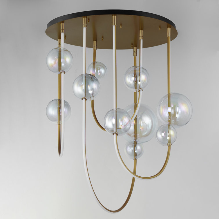 Natural Aged Brass LED Pendant Light with Iridescent Glass Shades
