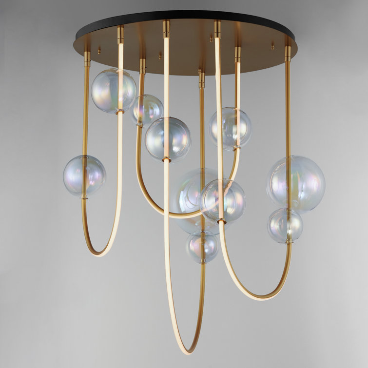 Natural Aged Brass LED Pendant Light with Iridescent Glass Shades