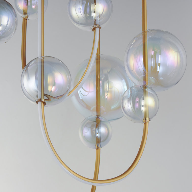 Natural Aged Brass LED Pendant Light with Iridescent Glass Shades