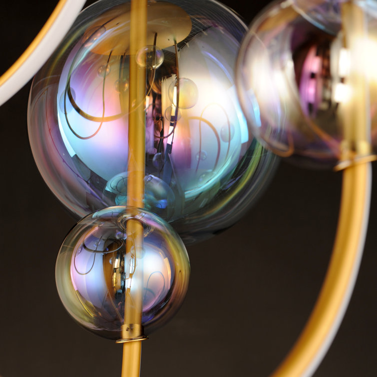 Natural Aged Brass LED Pendant Light with Iridescent Glass Shades