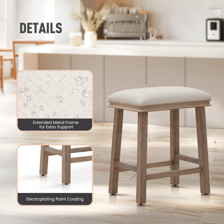 24'' Brown Solid Wood Backless Counter Stools with White Upholstered Seat, Set of 2