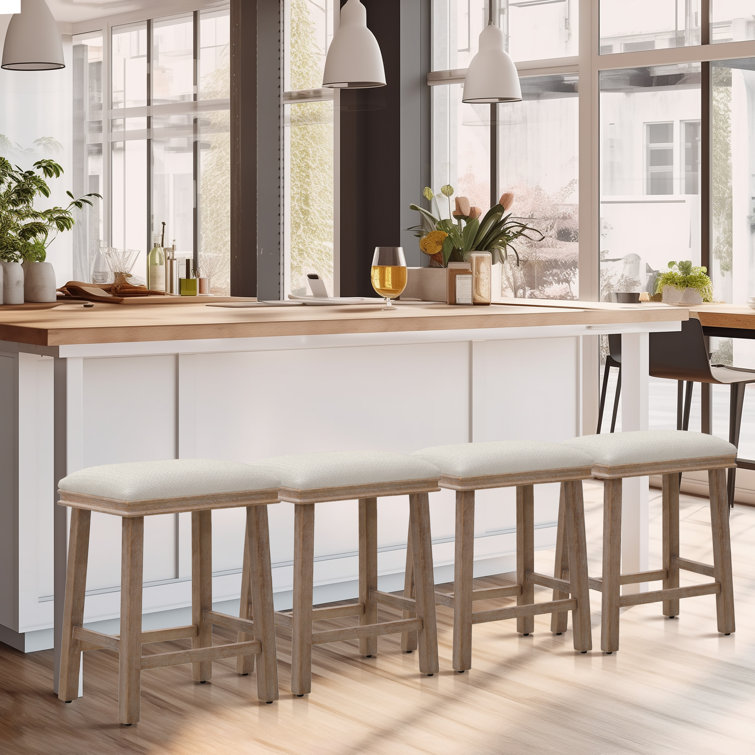 24'' Brown Solid Wood Backless Counter Stools with White Upholstered Seat, Set of 2