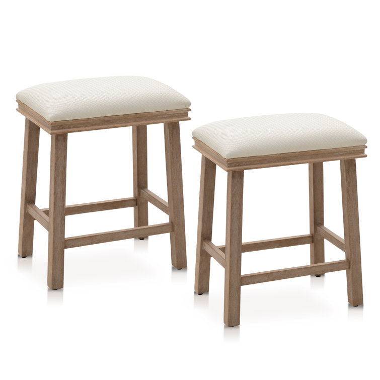 24'' Brown Solid Wood Backless Counter Stools with White Upholstered Seat, Set of 2
