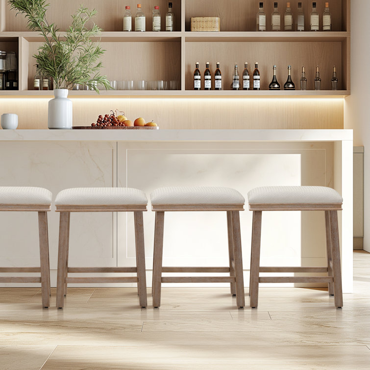 24'' Brown Solid Wood Backless Counter Stools with White Upholstered Seat, Set of 2