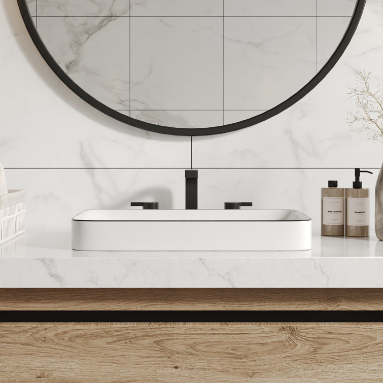 White and Black Ceramic Rectangular Above-Counter Vessel Sink