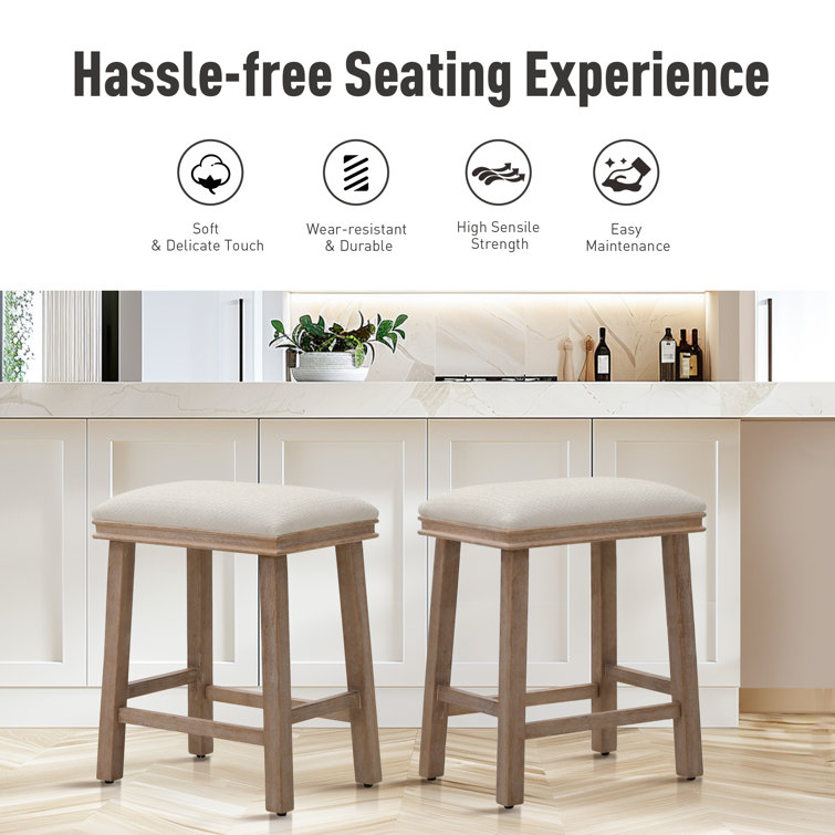 24'' Brown Solid Wood Backless Counter Stools with White Upholstered Seat, Set of 2