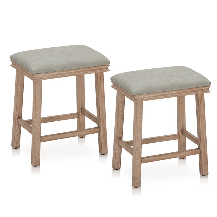 Light Gray Faux Leather Upholstered Backless Counter Stools with Solid Wood Frame