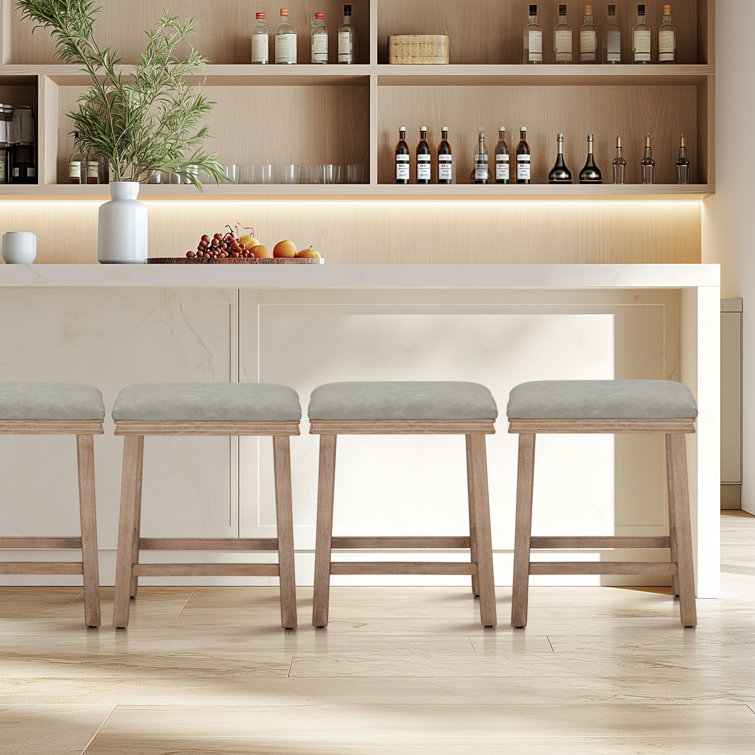 Light Gray Faux Leather Upholstered Backless Counter Stools with Solid Wood Frame