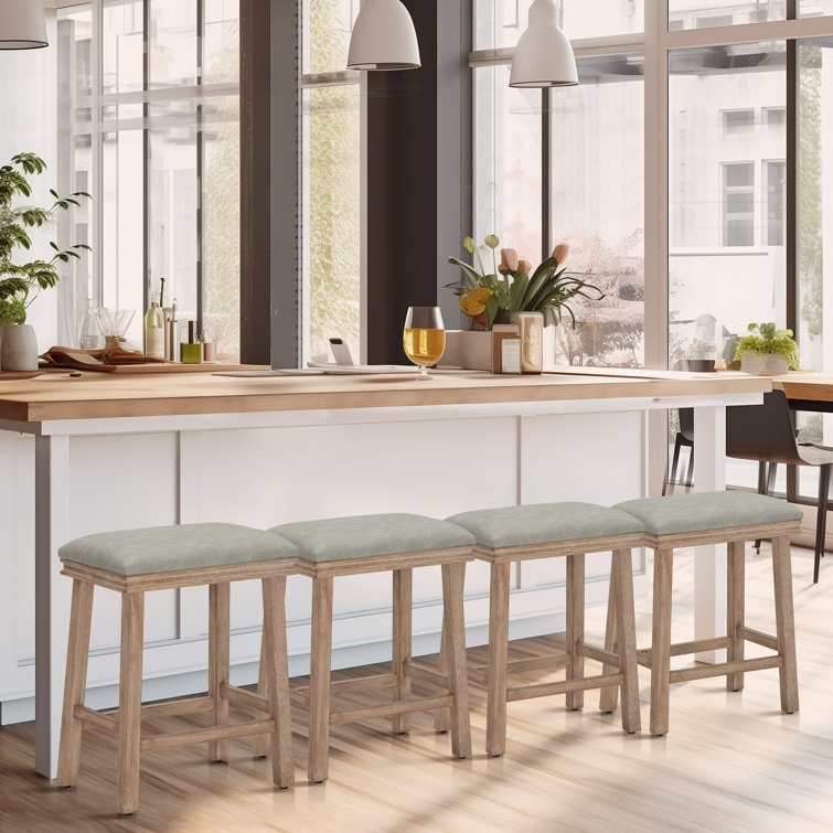 Light Gray Faux Leather Upholstered Backless Counter Stools with Solid Wood Frame