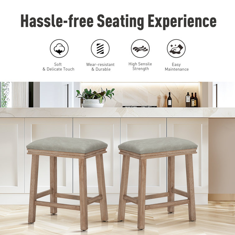 Light Gray Faux Leather Upholstered Backless Counter Stools with Solid Wood Frame